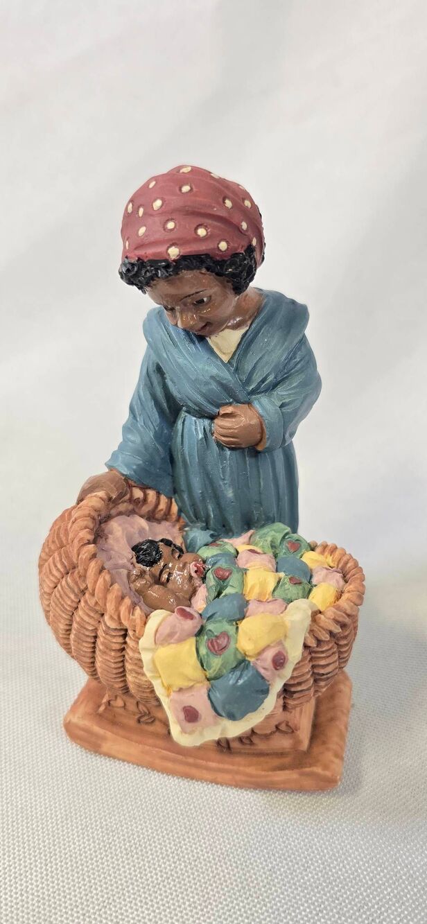 Vintage African American Mother & Baby Figurine – Folk Art Cradle Bassinet
